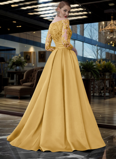 A-Line Off-The-Shoulder 3/4 Sleeves Sweep Train Lace/Satin Mother Of The Bride Dresses With Split Front