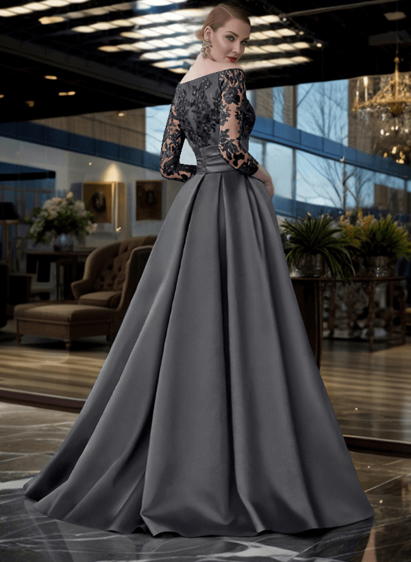 Trapèze Épaules Dégagées Manches 3/4 Balayage/Pinceau Train Dentelle/Satin Robes Mère De La Mariée Avec Avant Fendu