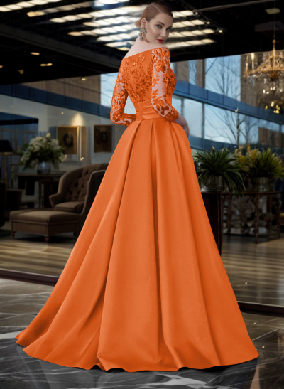 A-Line Off-The-Shoulder 3/4 Sleeves Sweep Train Lace/Satin Evening Dresses With Split Front