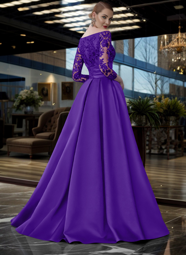 A-Line Off-The-Shoulder 3/4 Sleeves Sweep Train Lace/Satin Mother Of The Bride Dresses With Split Front