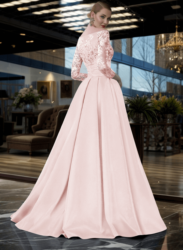A-Line Off-The-Shoulder 3/4 Sleeves Sweep Train Lace/Satin Mother Of The Bride Dresses With Split Front