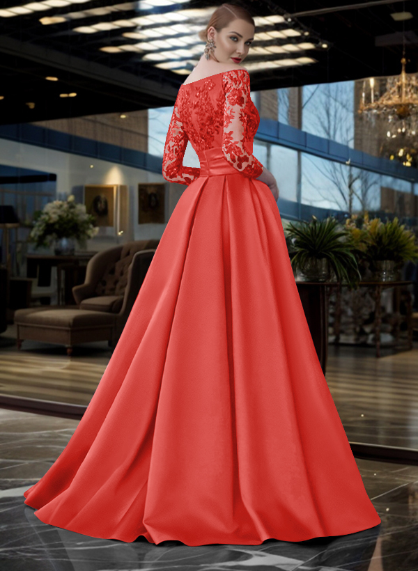 A-Line Off-The-Shoulder 3/4 Sleeves Sweep Train Lace/Satin Mother Of The Bride Dresses With Split Front