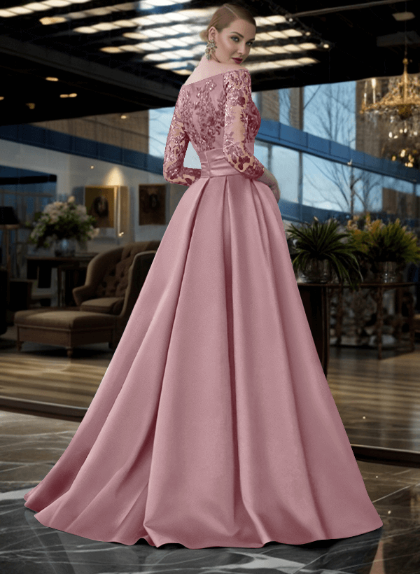 A-Line Off-The-Shoulder 3/4 Sleeves Sweep Train Lace/Satin Mother Of The Bride Dresses With Split Front