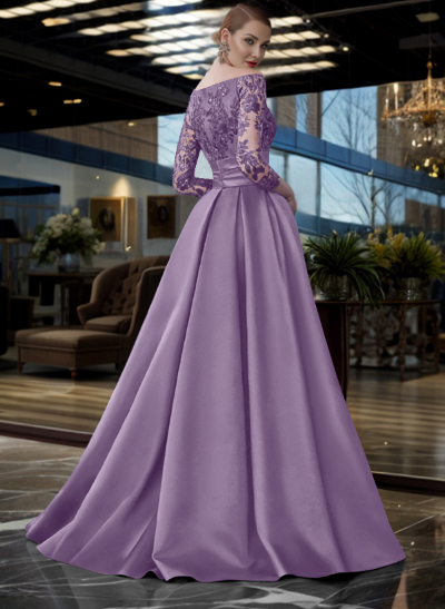 A-Line Off-The-Shoulder 3/4 Sleeves Sweep Train Lace/Satin Evening Dresses With Split Front