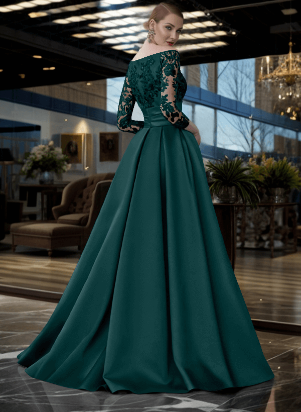 A-Line Off-The-Shoulder 3/4 Sleeves Sweep Train Lace/Satin Mother Of The Bride Dresses With Split Front