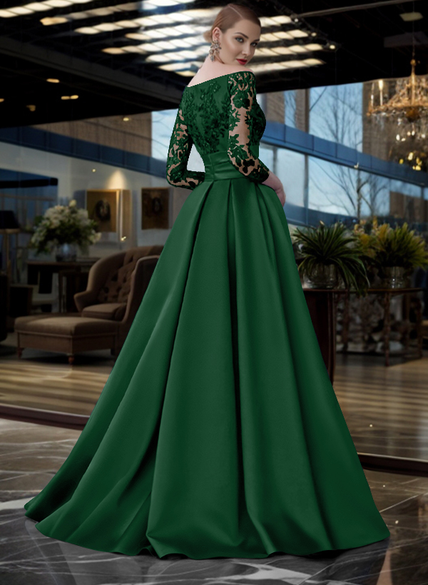 A-Line Off-The-Shoulder 3/4 Sleeves Sweep Train Lace/Satin Mother Of The Bride Dresses With Split Front