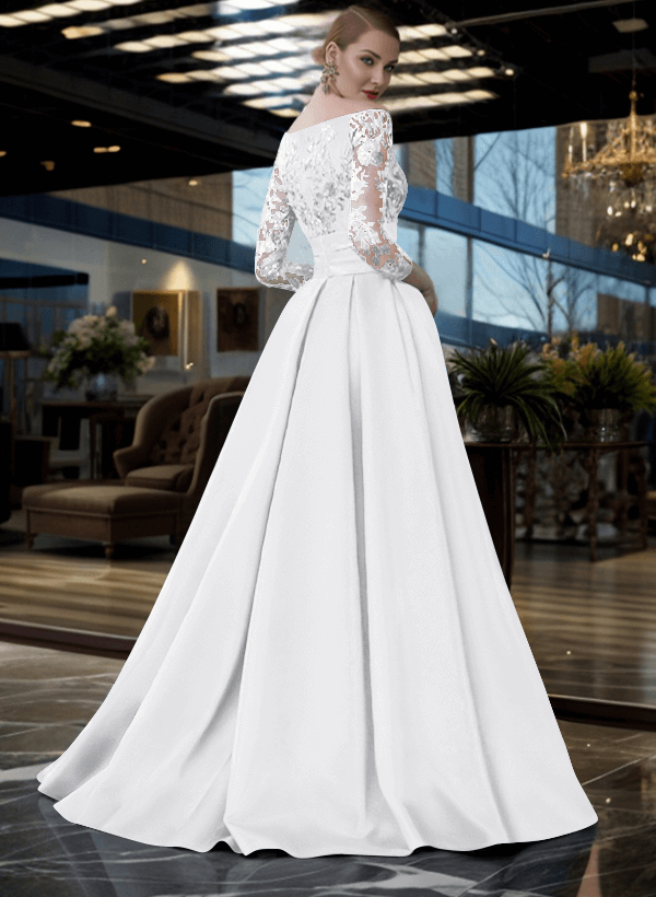 A-Line Off-The-Shoulder 3/4 Sleeves Sweep Train Lace/Satin Mother Of The Bride Dresses With Split Front
