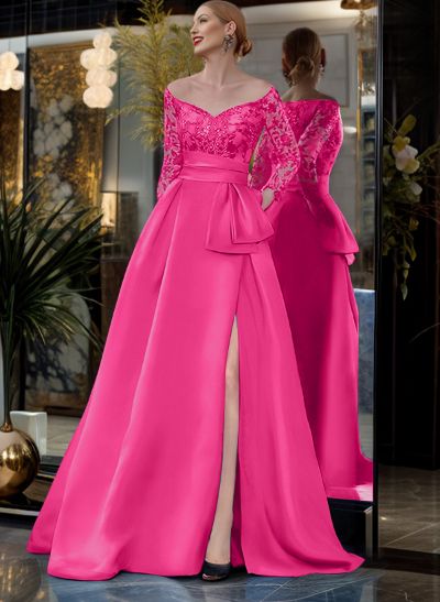 A-Line Off-The-Shoulder 3/4 Sleeves Sweep Train Lace/Satin Mother Of The Bride Dresses With Split Front