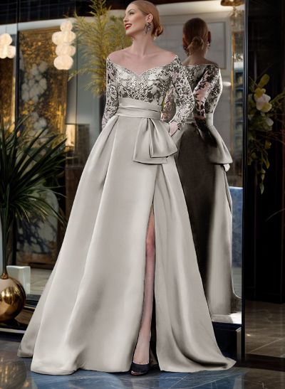 A-Line Off-The-Shoulder 3/4 Sleeves Sweep Train Lace/Satin Mother Of The Bride Dresses With Split Front