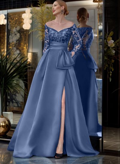 A-Line Off-The-Shoulder 3/4 Sleeves Sweep Train Lace/Satin Mother Of The Bride Dresses With Split Front