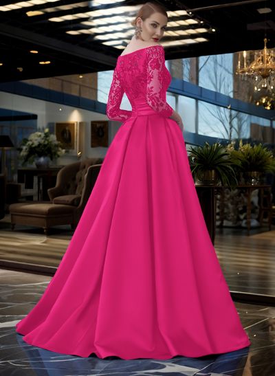 A-Line Off-The-Shoulder 3/4 Sleeves Sweep Train Lace/Satin Mother Of The Bride Dresses With Split Front