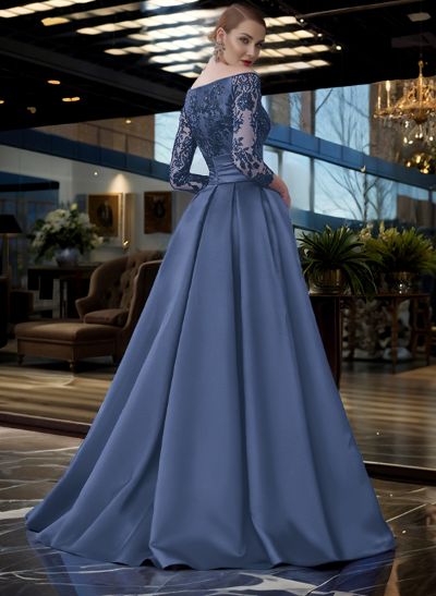 A-Line Off-The-Shoulder 3/4 Sleeves Sweep Train Lace/Satin Mother Of The Bride Dresses With Split Front