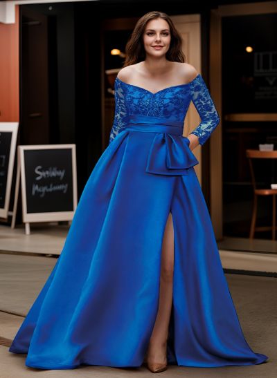 A-Line Off-The-Shoulder 3/4 Sleeves Sweep Train Lace/Satin Mother Of The Bride Dresses With Split Front