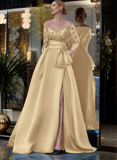 A-Line Off-The-Shoulder 3/4 Sleeves Sweep Train Lace/Satin Mother Of The Bride Dresses With Split Front