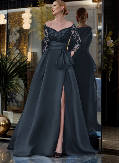 A-Line Off-The-Shoulder 3/4 Sleeves Sweep Train Lace/Satin Mother Of The Bride Dresses With Split Front