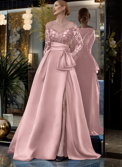 A-Line Off-The-Shoulder 3/4 Sleeves Sweep Train Lace/Satin Mother Of The Bride Dresses With Split Front