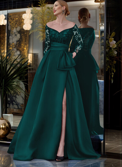 A-Line Off-The-Shoulder 3/4 Sleeves Sweep Train Lace/Satin Mother Of The Bride Dresses With Split Front