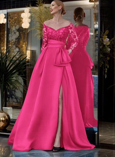 A-Line Off-The-Shoulder 3/4 Sleeves Sweep Train Lace/Satin Mother Of The Bride Dresses With Split Front