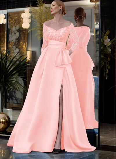 A-Line Off-The-Shoulder 3/4 Sleeves Sweep Train Lace/Satin Mother Of The Bride Dresses With Split Front