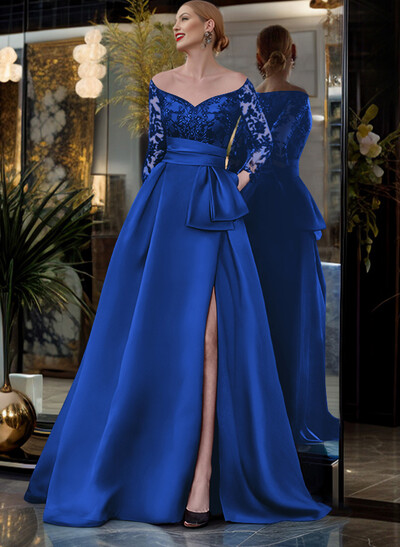 A-Line Off-The-Shoulder 3/4 Sleeves Sweep Train Lace/Satin Mother Of The Bride Dresses With Split Front