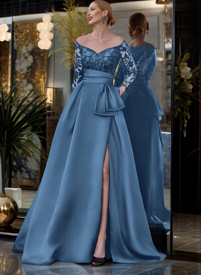 A-Line Off-The-Shoulder 3/4 Sleeves Sweep Train Lace/Satin Mother Of The Bride Dresses With Split Front