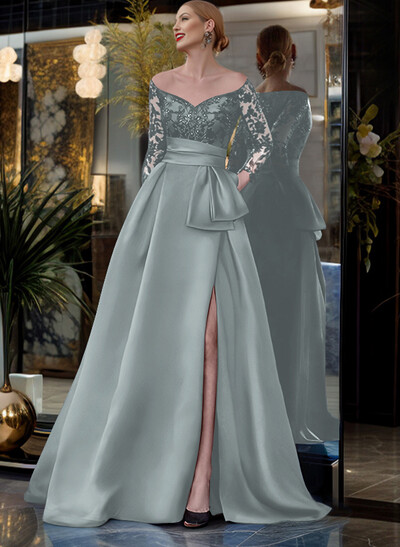 A-Line Off-The-Shoulder 3/4 Sleeves Sweep Train Lace/Satin Mother Of The Bride Dresses With Split Front