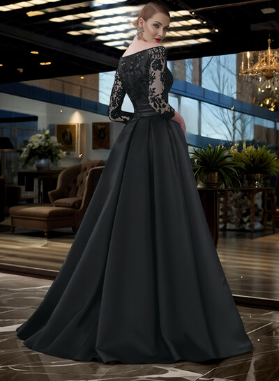 A-Line Off-The-Shoulder 3/4 Sleeves Sweep Train Lace/Satin Mother Of The Bride Dresses With Split Front