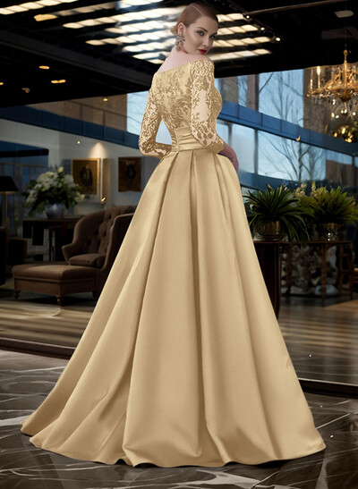 A-Line Off-The-Shoulder 3/4 Sleeves Sweep Train Lace/Satin Mother Of The Bride Dresses With Split Front