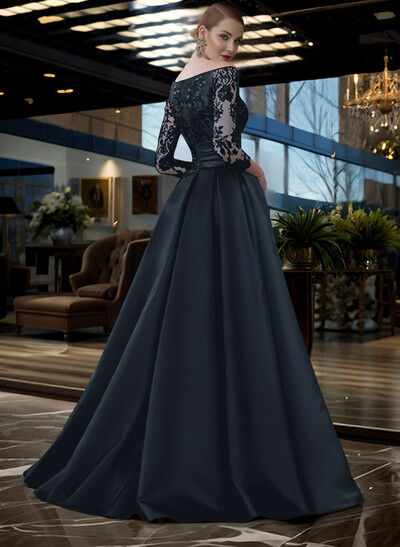 A-Line Off-The-Shoulder 3/4 Sleeves Sweep Train Lace/Satin Mother Of The Bride Dresses With Split Front