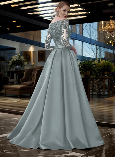 A-Line Off-The-Shoulder 3/4 Sleeves Sweep Train Lace/Satin Mother Of The Bride Dresses With Split Front