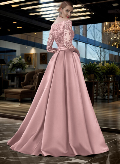 A-Line Off-The-Shoulder 3/4 Sleeves Sweep Train Lace/Satin Mother Of The Bride Dresses With Split Front