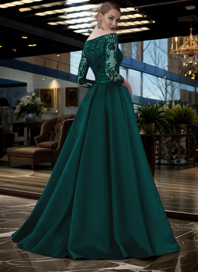 A-Line Off-The-Shoulder 3/4 Sleeves Sweep Train Lace/Satin Mother Of The Bride Dresses With Split Front