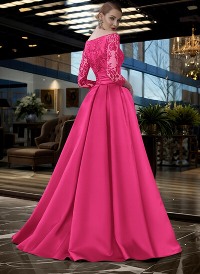A-Line Off-The-Shoulder 3/4 Sleeves Sweep Train Lace/Satin Mother Of The Bride Dresses With Split Front