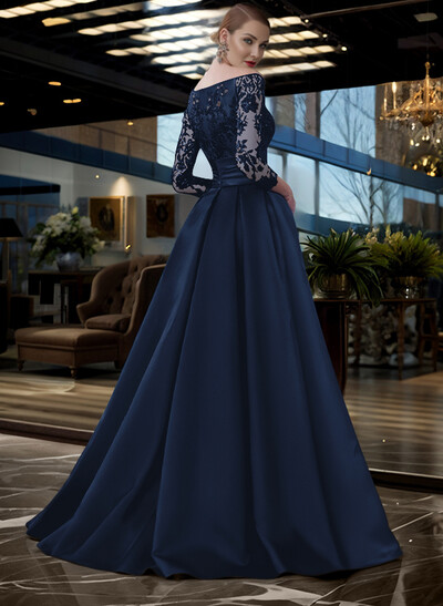 A-Line Off-The-Shoulder 3/4 Sleeves Sweep Train Lace/Satin Mother Of The Bride Dresses With Split Front