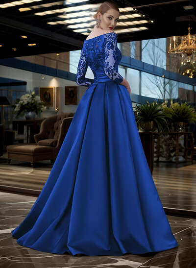 A-Line Off-The-Shoulder 3/4 Sleeves Sweep Train Lace/Satin Mother Of The Bride Dresses With Split Front