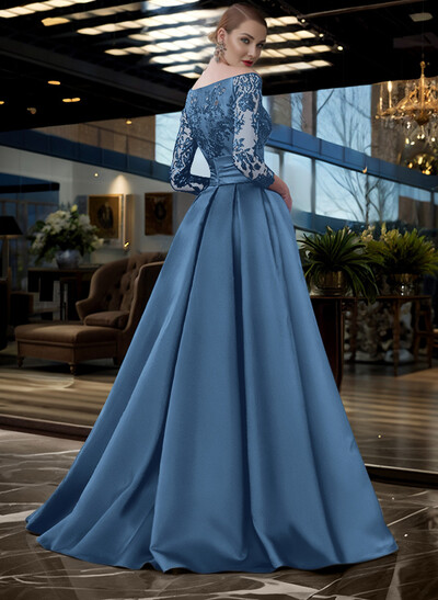 A-Line Off-The-Shoulder 3/4 Sleeves Sweep Train Lace/Satin Mother Of The Bride Dresses With Split Front