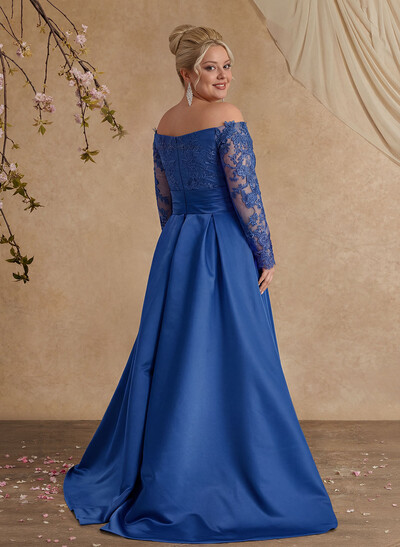 A-Line Off-The-Shoulder 3/4 Sleeves Sweep Train Lace/Satin Mother Of The Bride Dresses With Split Front