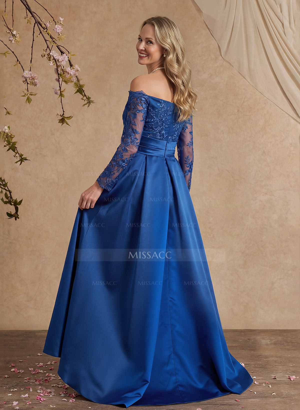 A-Line Off-The-Shoulder 3/4 Sleeves Sweep Train Lace/Satin Mother Of The Bride Dresses With Split Front