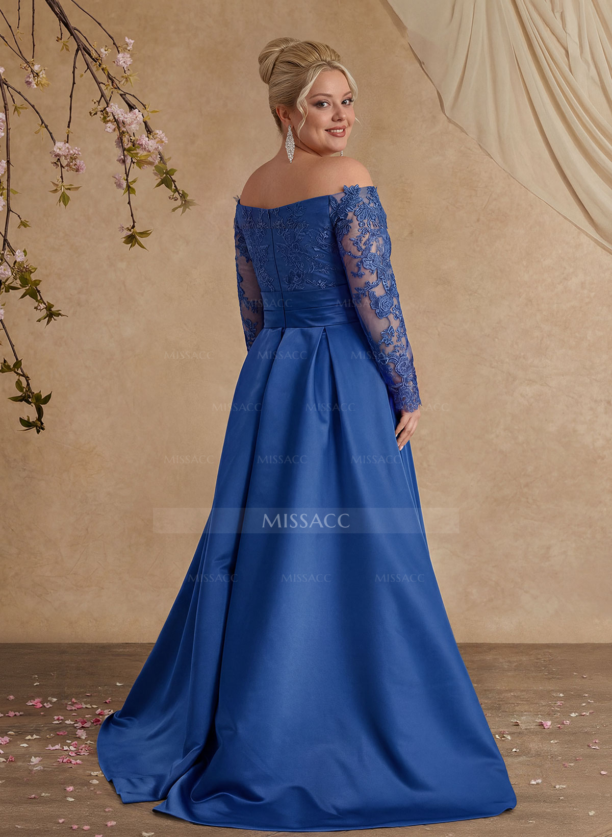 A-Line Off-The-Shoulder 3/4 Sleeves Sweep Train Lace/Satin Mother Of The Bride Dresses With Split Front