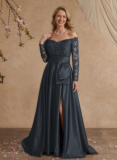 A-Line Off-The-Shoulder 3/4 Sleeves Sweep Train Lace/Satin Mother Of The Bride Dresses With Split Front