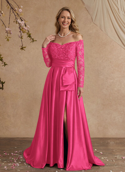 A-Line Off-The-Shoulder 3/4 Sleeves Sweep Train Lace/Satin Mother Of The Bride Dresses With Split Front