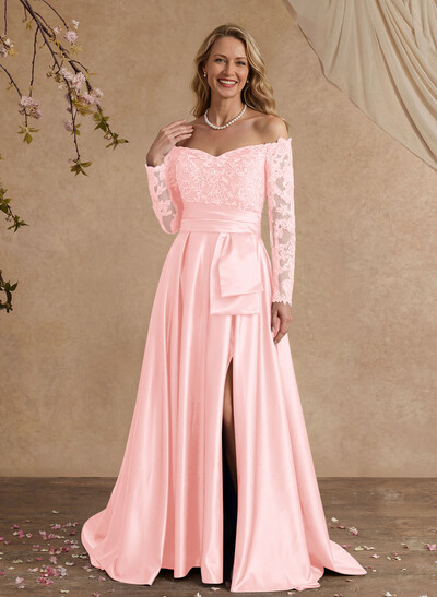 A-Line Off-The-Shoulder 3/4 Sleeves Sweep Train Lace/Satin Mother Of The Bride Dresses With Split Front