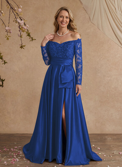 A-Line Off-The-Shoulder 3/4 Sleeves Sweep Train Lace/Satin Mother Of The Bride Dresses With Split Front