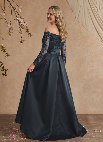 A-Line Off-The-Shoulder 3/4 Sleeves Sweep Train Lace/Satin Mother Of The Bride Dresses With Split Front
