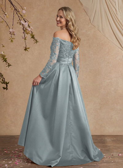 A-Line Off-The-Shoulder 3/4 Sleeves Sweep Train Lace/Satin Mother Of The Bride Dresses With Split Front