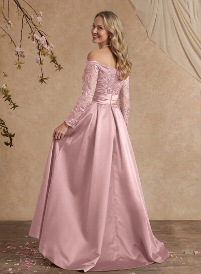 A-Line Off-The-Shoulder 3/4 Sleeves Sweep Train Lace/Satin Mother Of The Bride Dresses With Split Front