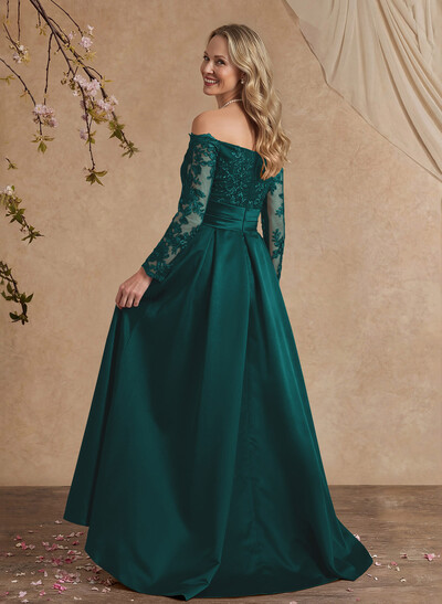 A-Line Off-The-Shoulder 3/4 Sleeves Sweep Train Lace/Satin Mother Of The Bride Dresses With Split Front