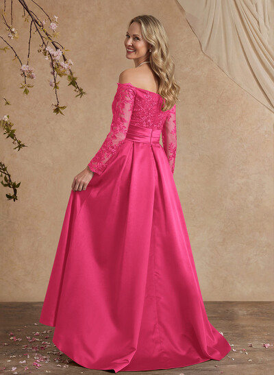 A-Line Off-The-Shoulder 3/4 Sleeves Sweep Train Lace/Satin Mother Of The Bride Dresses With Split Front