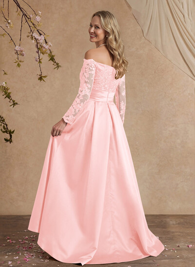 A-Line Off-The-Shoulder 3/4 Sleeves Sweep Train Lace/Satin Mother Of The Bride Dresses With Split Front