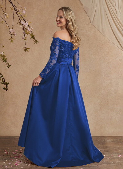A-Line Off-The-Shoulder 3/4 Sleeves Sweep Train Lace/Satin Mother Of The Bride Dresses With Split Front